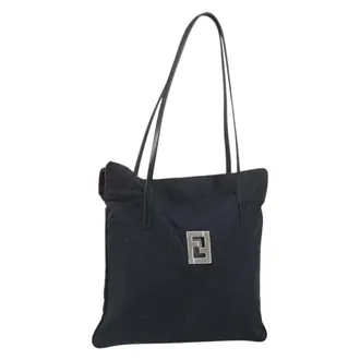 Fendi Zucca Trim Buckle Flap Denim Black Canvas Handbag (Pre-Owned)