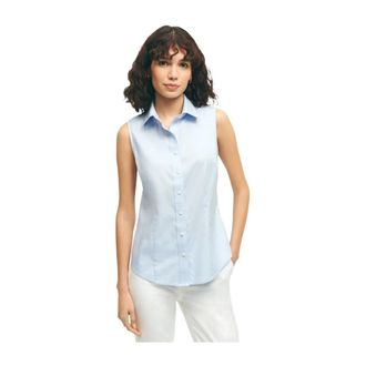 Brooks Brothers Getailleerd Strijkarm Stretch Supima Katoenen Mouwloze Dress Shirt - Dames - Tops zonder mouwen - Blauw - 3XS - Katoen - Tops
