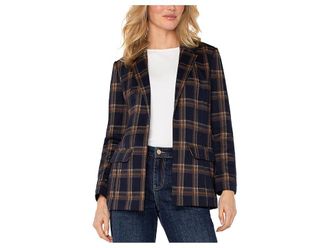 Liverpool L.A. Oversized Plaid Knit Boyfriend Blazer Womens Jacket Navy/Toffee Plaid : XL, Polyester/Rayon/Spandex