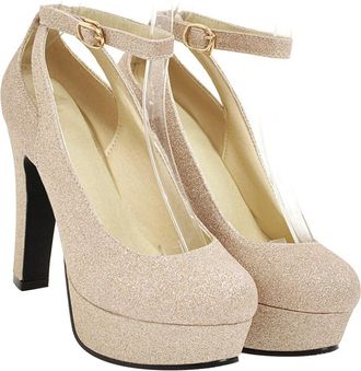 Frcolor Women High-Heel Shoes Chunky-Heel Dress Shoes for Wedding Party Gold Comfortable Elegant Material