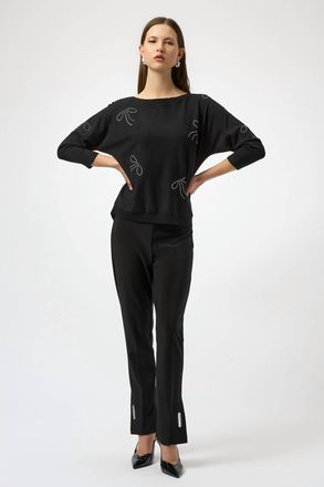 Joseph Ribkoff Jewel Embellished Boat Neck Pullover Top In Black