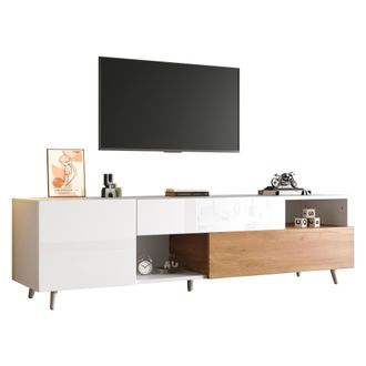 STILVORA Mueble De Tv Con 2 Puertas, 1 Caj&oacute;n Y 2 Nichos, Frontal Blanco Brillo, Estilo Moderno, 180&times;38&times;50 Cm, Blanco Y Madera