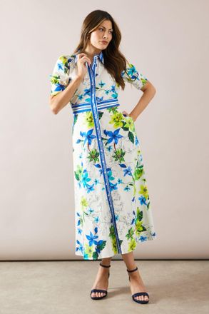 Wallis Womens Floral Print Button Midi Shirt Dress - White - Size 14 UK