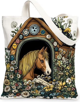 Generic Spring Horse Canvas Tote Bag for Shopping 13x15, Fun Flower Animal House Reusable Grocery Print Pattern Bag for Women, Cute Wildflower Beach Aesthetic