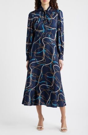 Elie Tahari The Raquel Placed Floral Long Sleeve Silk Blend Dress in Denim Chain Print at Nordstrom, Size 16