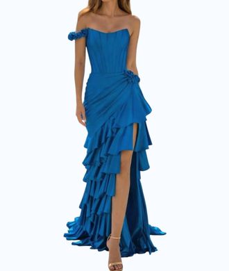 Sherri Hill Tiered High Slit Dress In Peacock