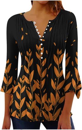 Generic Ladies T-Shirt Long Sleeve Tops Loose Tunnic Tee 3/4 Length Sleeve Womens Tops Casual Button Up V Neck Tunic Shirts Floral Print Ruched Flowy Spring S