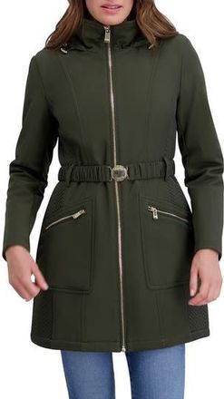Kensie Soft Shelled Hooded Belted Zip-Up Coat in Olive at Nordstrom Rack, Size X-Large