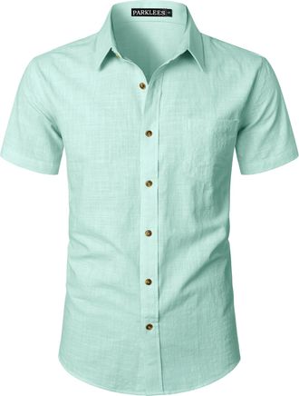 PARKLEES Mens Fitted Cotton Linen Casual Short Sleeve Button Up Shirts Lightweight Beach Tops with Pocket Mint Green 3XL