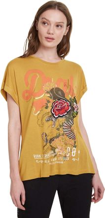Desigual Womens Mustard Ella Tshirt with Snake & Rose Design XL