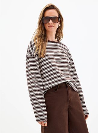 Contemporaine Womens Square-neck long-sleeve striped Pima cotton Tee Shirt