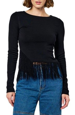Ciebon Luna Fringed Long Sleeve Top in Black at Nordstrom, Size X-Small