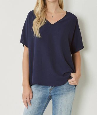 Entro Solid V-Neck Top In Navy