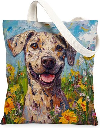 Generic Spring Catahoula Leopards Dog Canvas Tote Bag for Shopping 13x15, Oil Painting Wildflower Puppy Reusable Grocery Print Pattern Bag for Women, Fun Pet 
