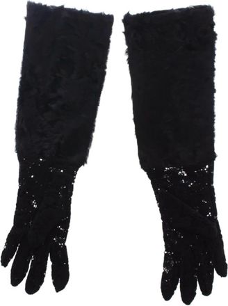 Dolce & Gabbana Zwarte Wol & Lamsvacht Ellebooghandschoenen - Dames - Handschoenen - Zwart - 7 IN - Wol - Accessoires