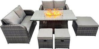 Fimous 7-seater Patio Gas Firpit Dining Table Sofa Sets Rattan Garden Furniture Dining Set with 3 Stools Dark Grey Mixed - Fimous