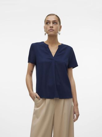 Vero Moda Blusenshirt VERO MODA VMMYMILO SS V-NECK TOP WVN GA, Damen, Gr. XS, blau (navy blazer), Web, Obermaterial: 55% Viskose, 45% Leinen, unifarben, regular
