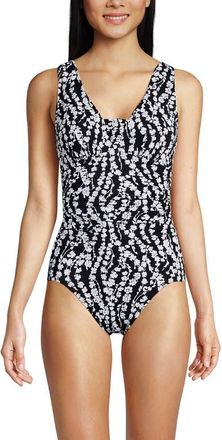 Lands End Slender Suit Grecian Low Leg One Piece Swimsuit in Black/white Vine Floral at Nordstrom, Size 6