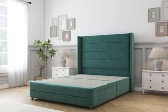 Sloomy Sterling Plush Divan Base 2 Drawers - 54 Wing Headboard-Footboard in Emerald | Size: Small Double