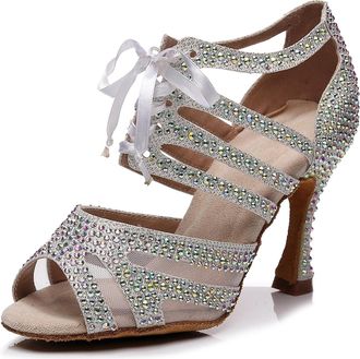 Miyoopark Womens Salsa Latin Dance Shoes with Rhinestones Wedding Evening Sandals Z001 Silver 9cm Heel UK 3