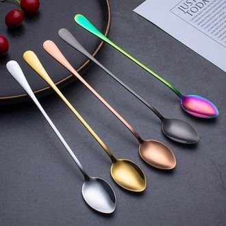 OEM Paquete De 5 Cucharillas De Metal De Acero Inoxidable De Alta Calidad Con Mangos Largos, Ideales Para Caf&eacute; O Postre