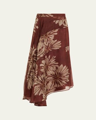 Brunello Cucinelli Asymmetric Dahlia-Print Midi Skirt