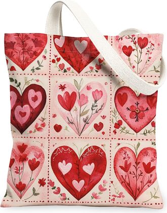 Generic Valentines Day Floral Canvas Tote Bags, Romantic Heart Pattern Reusable Grocery Bags, Lightweight Washable Shoulder Strap Canvas for Shopping Outdoor 