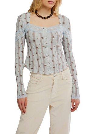 Free People Lets Party Floral Lace Trim Cotton Waffle Knit Button-Up Top in Pearl Blue Combo at Nordstrom, Size X-Large