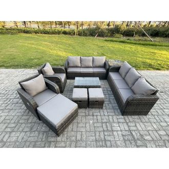 Fimous Rattan Outdoor Garden Furniture Sofa Set Patio Table & Chairs Set with 3 Seater Sofa Reclining Chair 3 Footstools 3 Seater Sofa Side Table Dark Grey