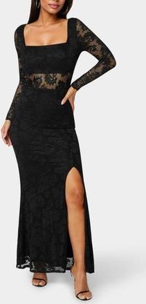 Bebe Illusion Panel Long Sleeve Lace Maxi Dress in Black at Nordstrom Rack, Size X-Large