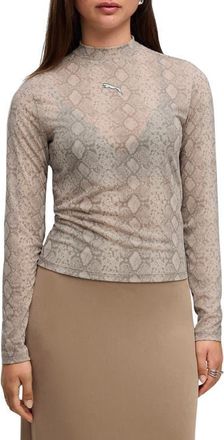 Puma AOP Snake Print Mesh Long Sleeve T-Shirt in Mouse Gray at Nordstrom, Size X-Small