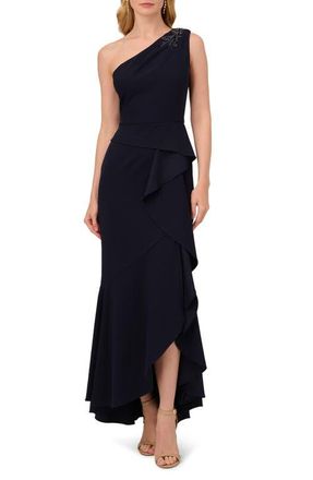 Adrianna Papell Beaded One-Shoulder Crepe Gown in Midnight at Nordstrom, Size 10