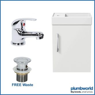 Aurora 400mm White Gloss Wall Hung Bathroom Vanity Unit with Basin Sink Storage with Essentials Curved Mixer Tap & Waste