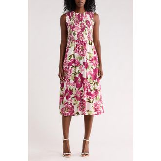 Calvin Klein Smocked Sleeveless Midi Dress in Rosewood Multi at Nordstrom Rack, Size 14