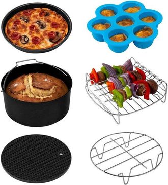 OEM Juego De Accesorios Freidoras Aire Todas Marcas, 6 Piezas Incluye Molde Pasteles, Rejilla Multifuncional Brochetas, Tapete Silicona Molde Huevos