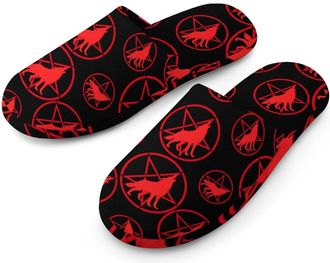 Generic Wolf And Pentagram Symbol Mens Cotton Slippers Memory Foam Comfort House Shoes Winter Indoor Slipper for Hotel Casa Spa