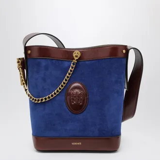 Versace Small Pivot bucket bag in suede and leather blue