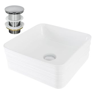 ML Design Lavabo blanco cuadrado de cer&aacute;mica con desag&uuml;e plateado