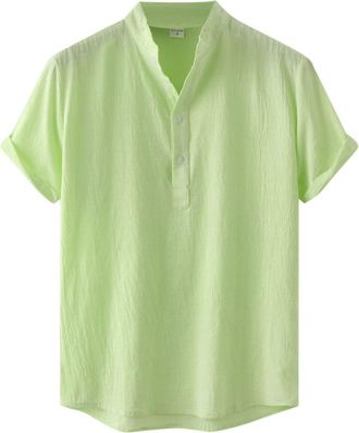 Generic Henley Shirts for Men Short Sleeve Linen Cotton T-Shirts Band Collar Shirt Summer Beach 4 Buttons Tops Blouse Tees Camisa para Hombre Manga Corta(Z02-