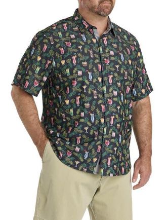 Tommy Bahama Big & Tall Coastal Ease Midnight Mohito Cocktail Print IslandZone Sport Shirt in Matte Black at Nordstrom, Size Xx-Large