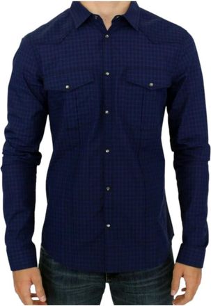 Costume National Stijlvol Blauw Geruit Katoenen Overhemd - Heren - Casual Overhemden - Blauw - M - Katoen - Overhemden