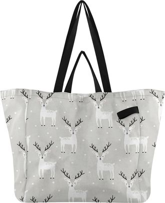 Generic Winter Deer Gray pattern Reusable Canvas Tote Bag, Heavy Duty Grocery Shopping Bag with Double Handles Hard Bottom Large Capacity Work Groceries Trave