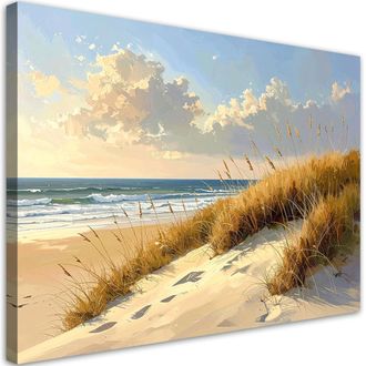 Feeby Cuadro Sobre Lienzo, Playa Con Dunas Junto Al Mar Paisaje Al Atardecer, 120x80