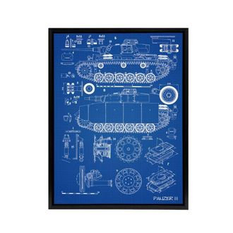 Artery8 Panzer III 3 German Tank Blueprint Framed Canvas Wall Art Print in Blue | Size: W24 x H32