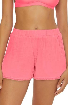 Trina Turk Serene Hooded Cotton Gauze Cover-Up Shorts in Carnation at Nordstrom, Size Medium