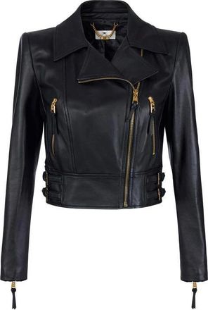 Elisabetta Franchi Jassen, Dames, Zwart, M, Leer, Leren Bikerjack