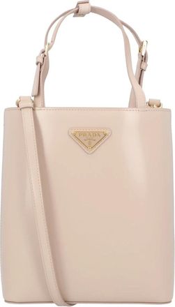 Prada Triangle Logo Leren Tote Bag - Dames - Shoppers - Beige - ONE Size - Leer - Tassen