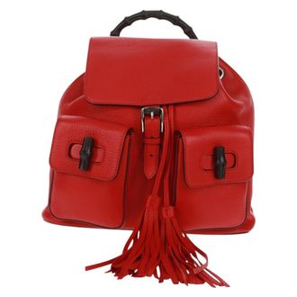 Gucci Bamboo Tassel Backpack Leather Red Leather Backpack Bag (Pre-Owned)