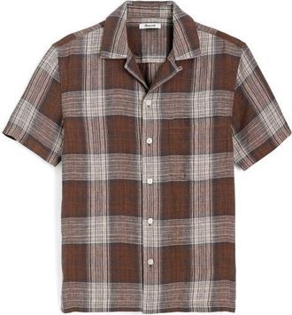 Madewell Linen Camp Shirt in Plum Heritage Plaid at Nordstrom, Size Xx-Large