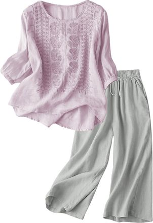 Generic 2 Piece Outfits for Women Cotton Linen Embroidered Retro Casual Matching Set 3/4 Sleeve Tops and Wide Leg Capri Pants Sets Summer Autumn Going Out Vac